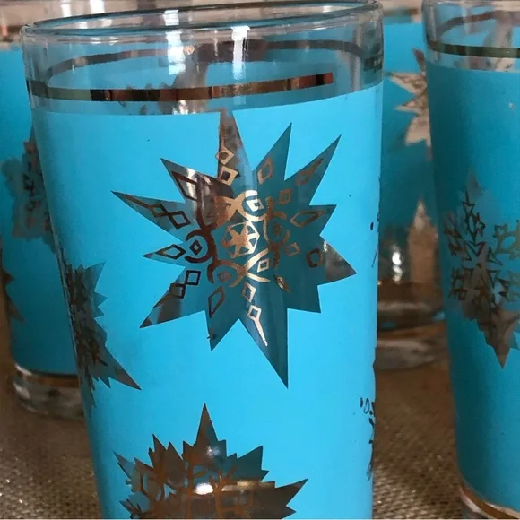60's Aqua/Gold Starburst Glasses - 8 - Tumblers - Highballs - Barware -Glassware - Picture 6 of 14